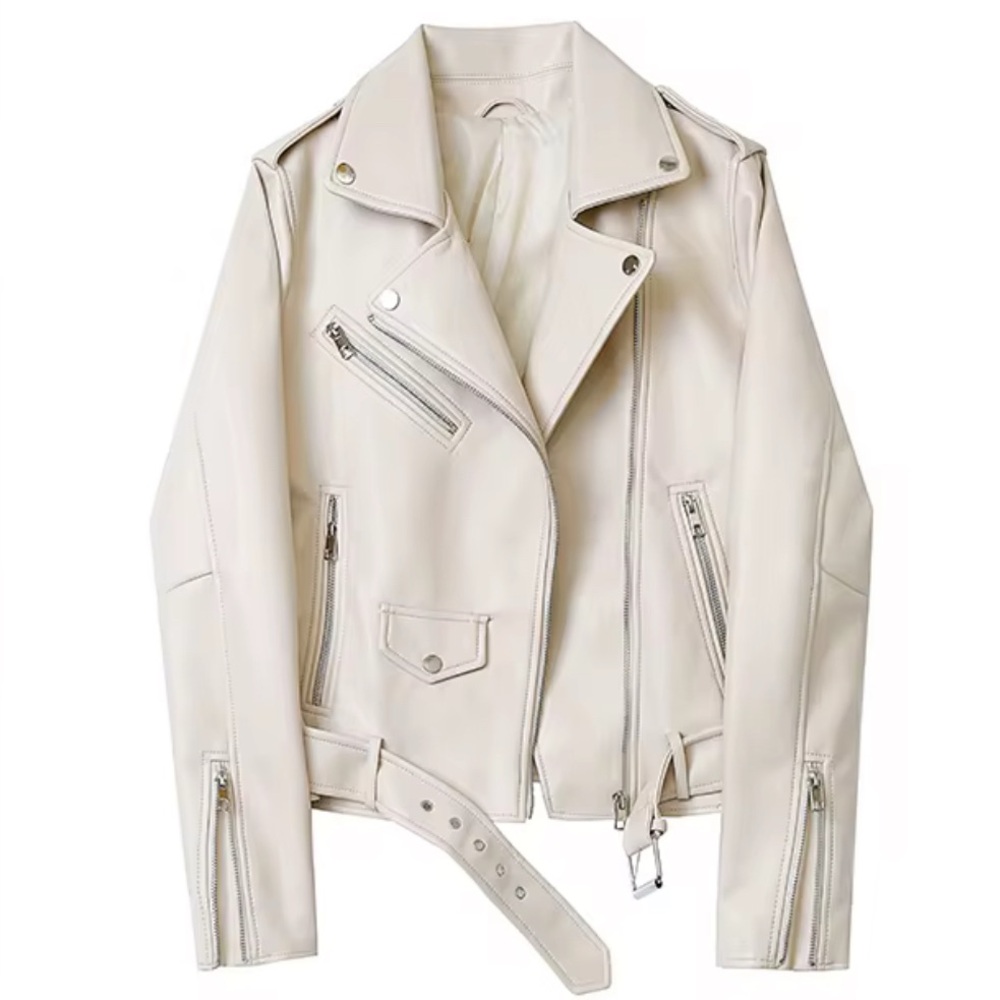 White PU Leather Short Jacket with Belt - Picture 1 of 6